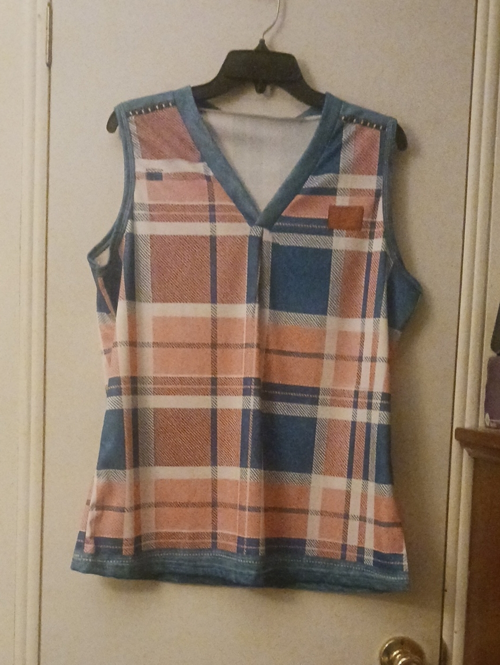 Plaid V-Neck Sleeveless Top in Peach and Blue